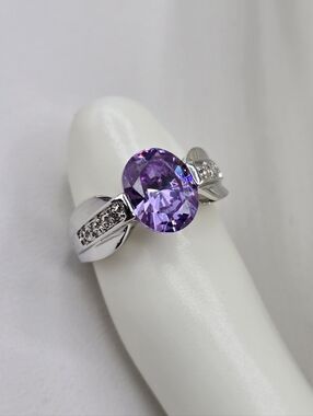 Swarovski Crystal Elements Silver Statement Ring Purple Amethyst Size 7 Prom